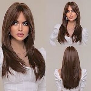 New Chocolate Brown Highlighted Long Layered Wig (Synthetic)*FREE Gift 🎁